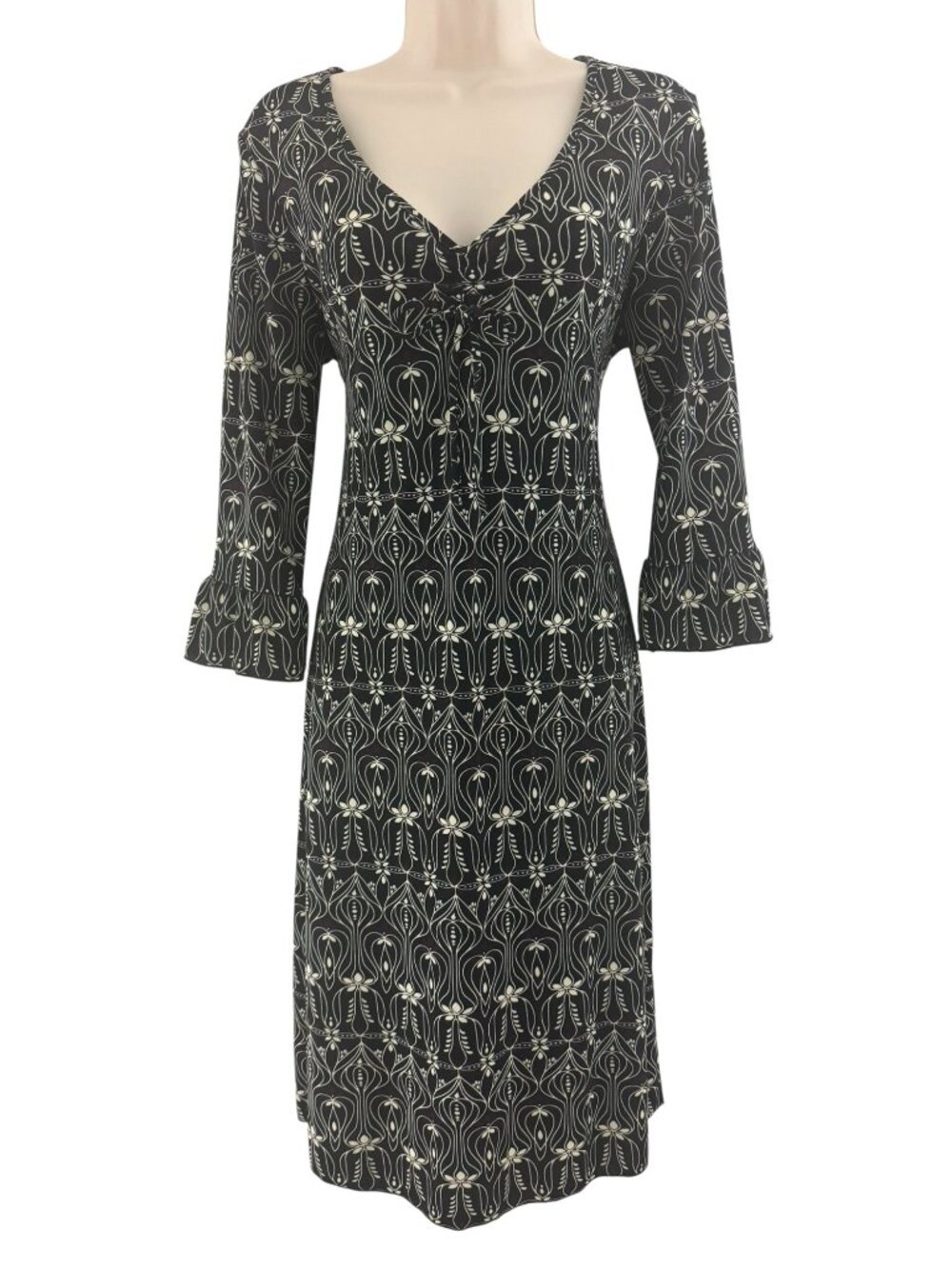 New York & Co Black Creme Print V-Neck Bell Sleeve Shift Dress Sheath L Stretch